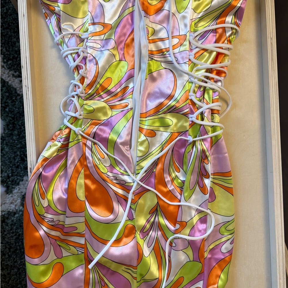 Lucy in the Sky Orange Ruched Tie Front Mini Dress - Picture 2 of 2